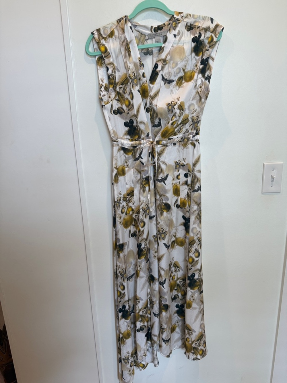 AllSaints White Maxi Dress with Olive and Black Floral Print